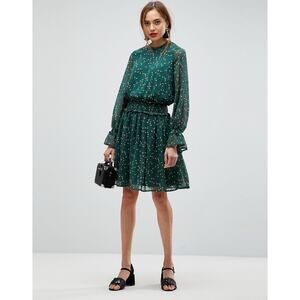 Y.A.S Grace Green Ditsy Floral Long Sleeve Smocked Skater Dress Size XL